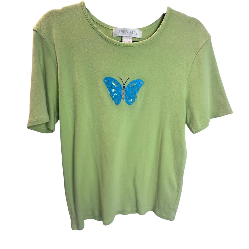 Arriviste Vintage Y2K Lime Green Cotton Butterfly Embroidered Sequin Top Size M